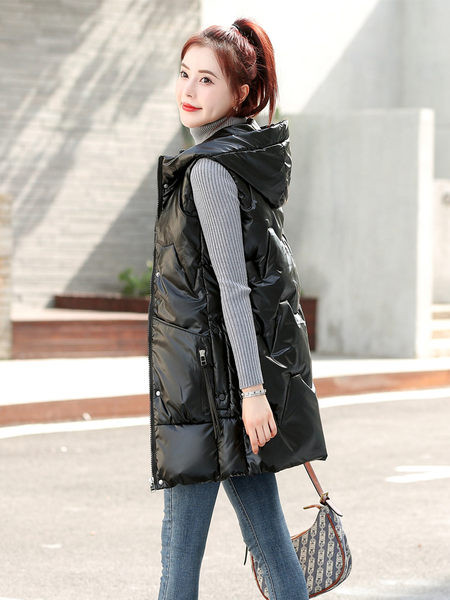 Stiilne naiste pikk kapuutsi ja taskutega vest