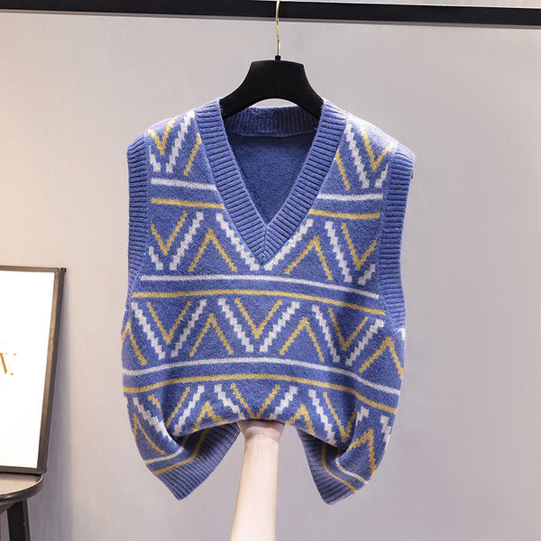 Γυναικείο χειμωνιάτικο γιλέκο με λαιμόκοψη spitz και έγχρωμη στάμπα