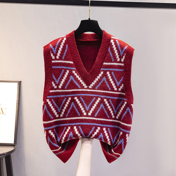 Γυναικείο χειμωνιάτικο γιλέκο με λαιμόκοψη spitz και έγχρωμη στάμπα