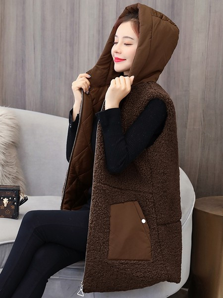 Alkalmi női hosszú mellény kapucni cipzárral és gombokkal