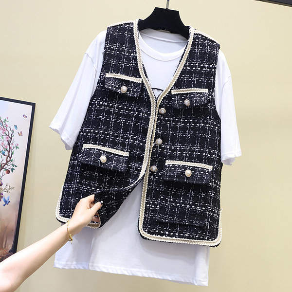 Női kockás mellény kerek gombokkal fehér és fekete színben