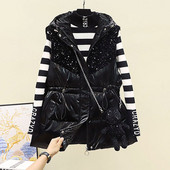 Női mellény fekete és szürke színben, kapucnival