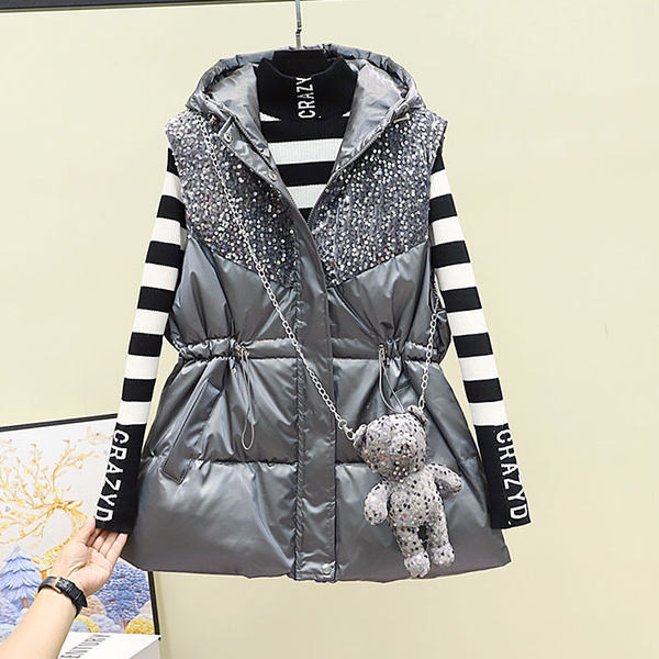 Női mellény fekete és szürke színben, kapucnival