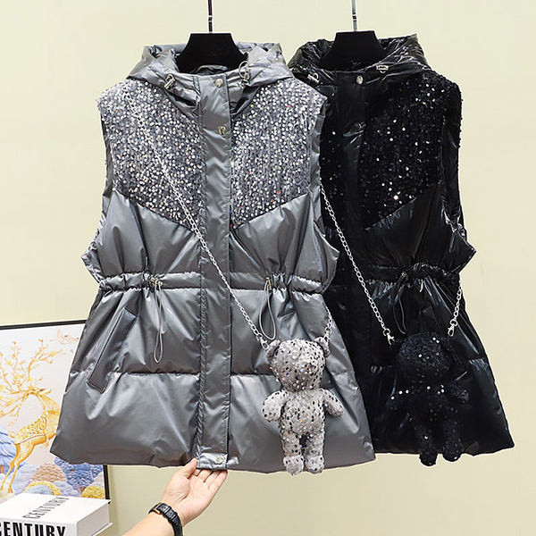 Női mellény fekete és szürke színben, kapucnival