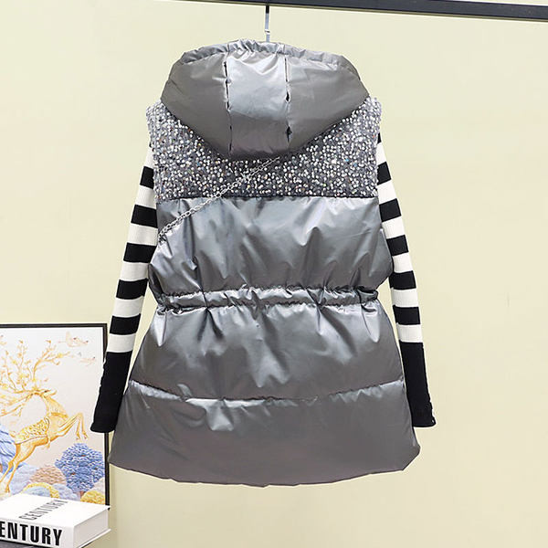 Női mellény fekete és szürke színben, kapucnival