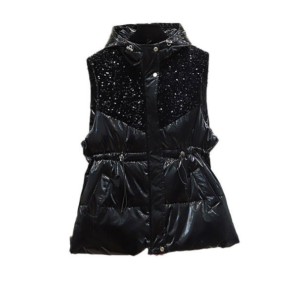 Női mellény fekete és szürke színben, kapucnival