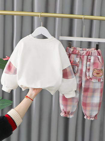 Ежедневен детски комплект за момичета от блуза с апликация и кариран панталон