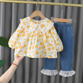 Модерен детски сет от риза с флорален десен и дънки с тюл