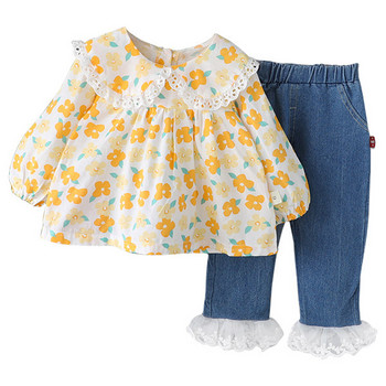 Модерен детски сет от риза с флорален десен и дънки с тюл