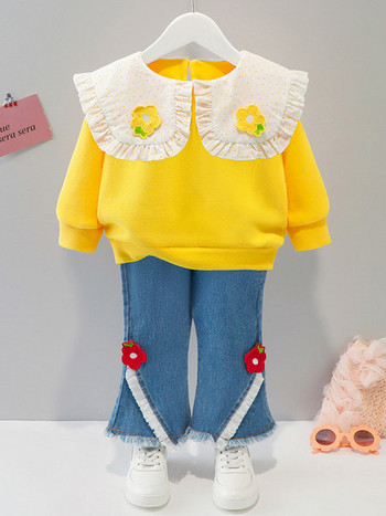 Пролетен комплект за момичета с блуза и дънки с 3D апликация