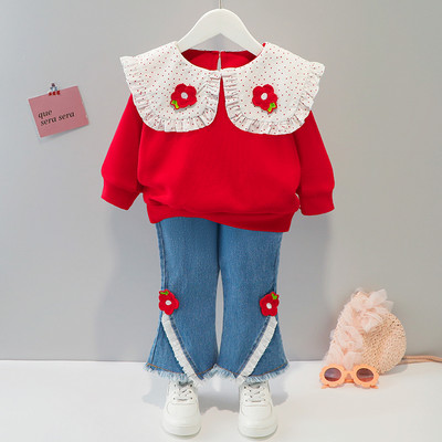 Tavaszi szett lányoknak blúzban és farmerben, 3D rátéttel