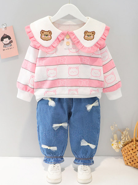 Παιδικό σετ για κορίτσια με μπλούζα και τζιν με απλικέ και κορδέλες