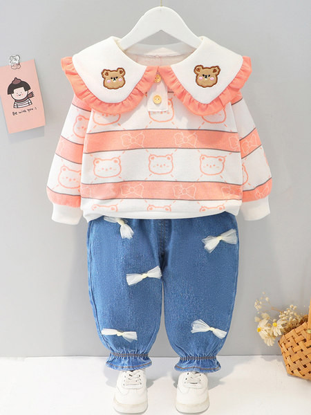 Παιδικό σετ για κορίτσια με μπλούζα και τζιν με απλικέ και κορδέλες