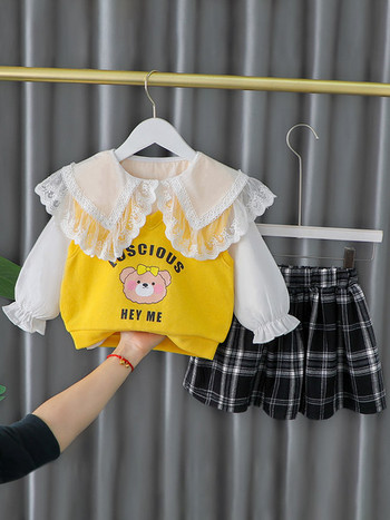 Модерен момичешки комплект от карирана пола и блуза с апликация