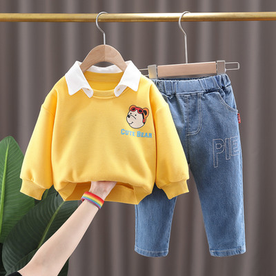 Gyerekkészlet fiúknak, rátéttel ellátott, kétrészes blúz farmernadrággal