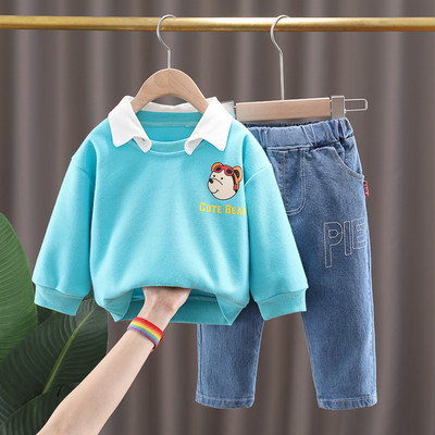 Gyerekkészlet fiúknak, rátéttel ellátott, kétrészes blúz farmernadrággal