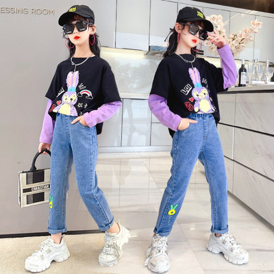 Laste sügiskomplekt kaheosalisest tikandiga pluusist ja teksadest