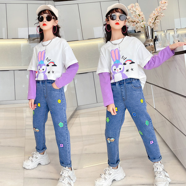 Laste sügiskomplekt kaheosalisest tikandiga pluusist ja teksadest