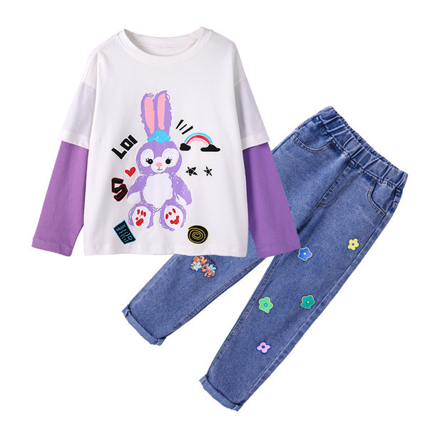 Laste sügiskomplekt kaheosalisest tikandiga pluusist ja teksadest