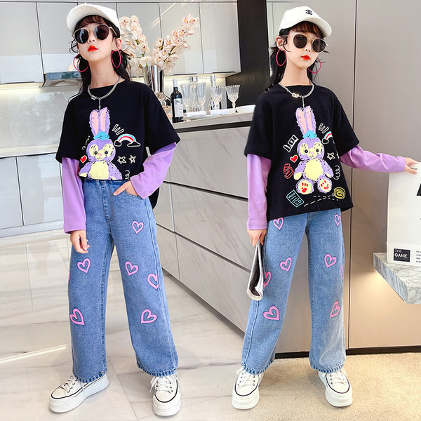 Детски комплект от две части блуза и дънки за момичета 