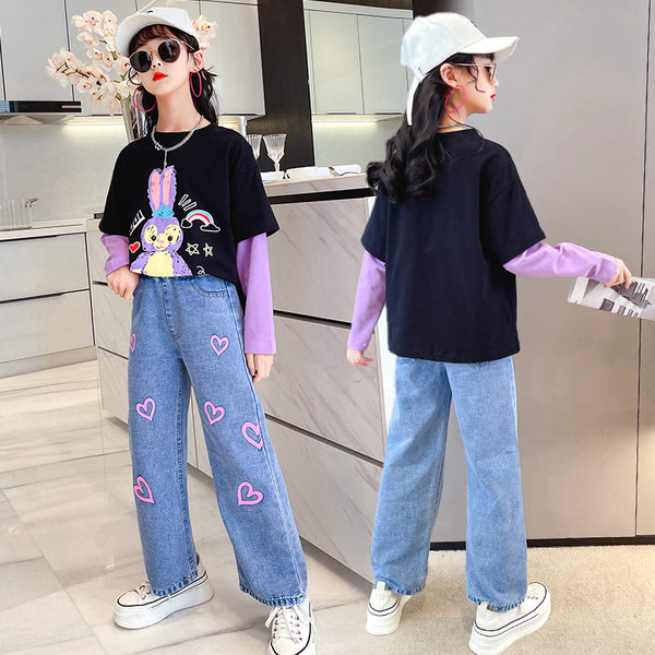 Детски комплект от две части блуза и дънки за момичета 