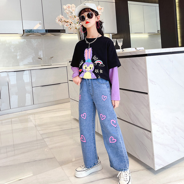 Детски комплект от две части блуза и дънки за момичета 