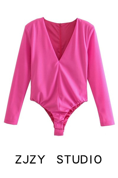 Μοντέρνο γυναικείο κορμάκι με λαιμόκοψη spitz σε ροζ και κόκκινο χρώμα