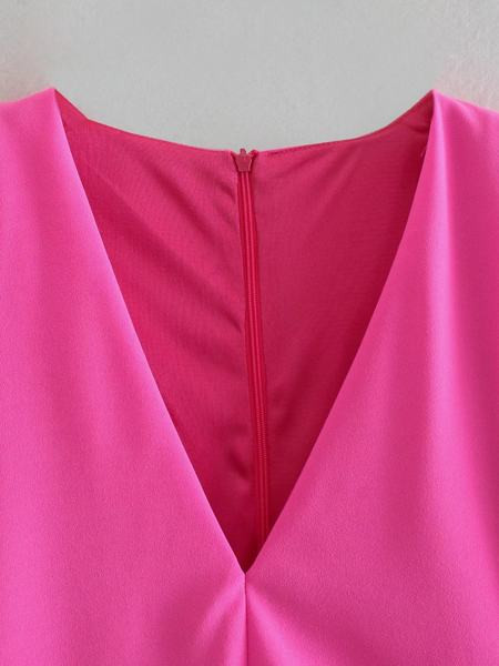 Μοντέρνο γυναικείο κορμάκι με λαιμόκοψη spitz σε ροζ και κόκκινο χρώμα