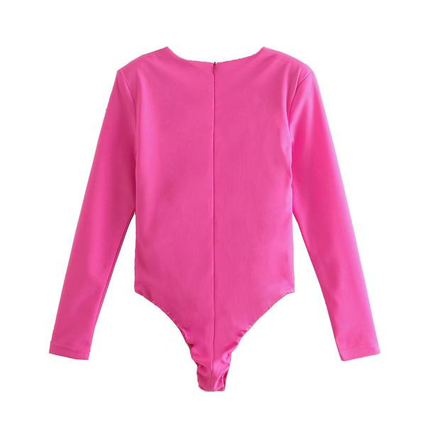 Μοντέρνο γυναικείο κορμάκι με λαιμόκοψη spitz σε ροζ και κόκκινο χρώμα