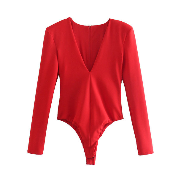 Μοντέρνο γυναικείο κορμάκι με λαιμόκοψη spitz σε ροζ και κόκκινο χρώμα