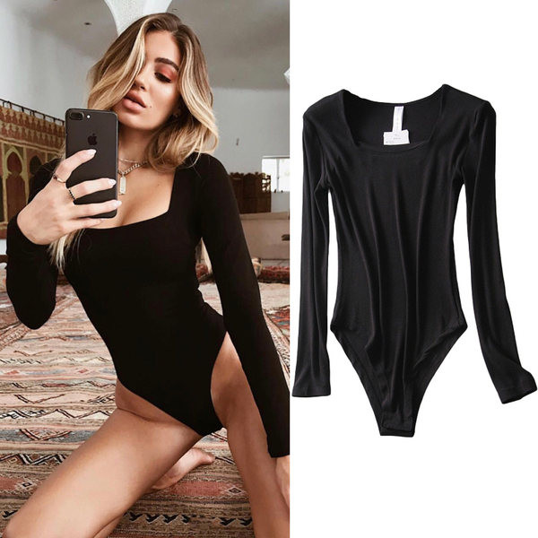 Naiste puuvillane pikkade varrukate ja kandilise kaelusega bodi