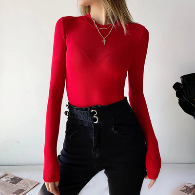 Μονόχρωμο γυναικείο κορμάκι με μακριά μανίκια και στρογγυλή λαιμόκοψη