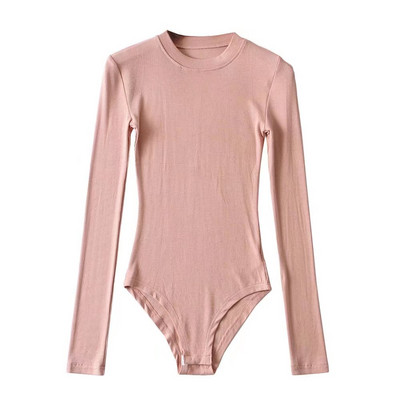 Μονόχρωμο γυναικείο κορμάκι με μακριά μανίκια και στρογγυλή λαιμόκοψη