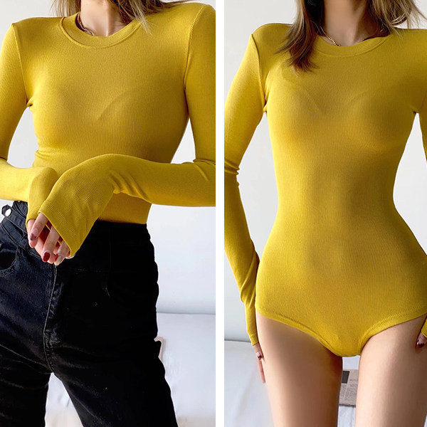 Μονόχρωμο γυναικείο κορμάκι με μακριά μανίκια και στρογγυλή λαιμόκοψη