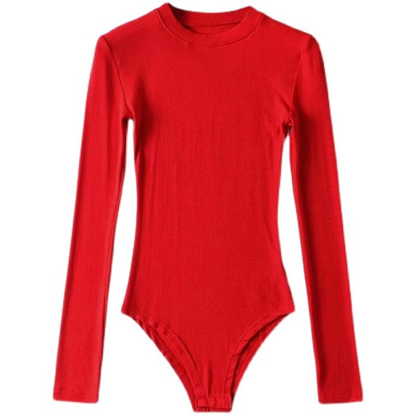 Μονόχρωμο γυναικείο κορμάκι με μακριά μανίκια και στρογγυλή λαιμόκοψη