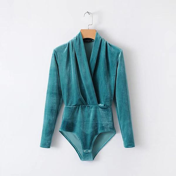 Modern női bársony test spitz nyakkivágással