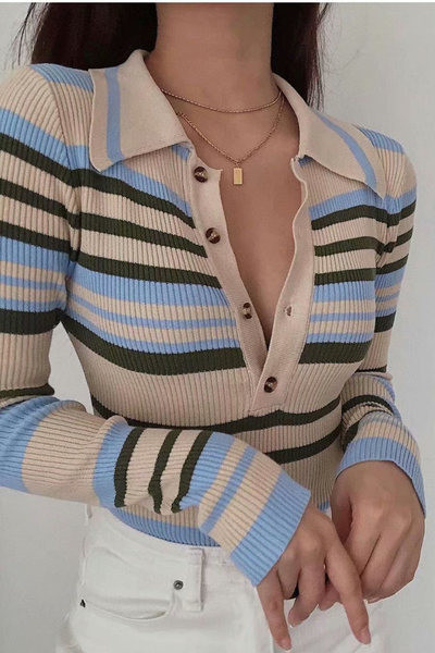 Νέο μοντέλο γυναικείου ριγέ κορμάκι με κουμπιά