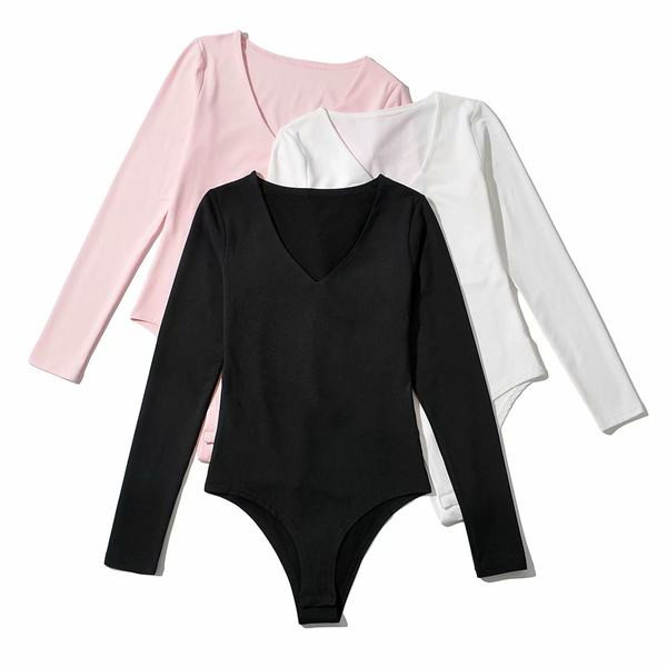 Ikdienas bodijs ar garām piedurknēm un špica kakla izgriezumu sievietēm