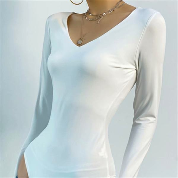 Ikdienas bodijs ar garām piedurknēm un špica kakla izgriezumu sievietēm