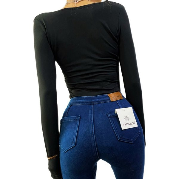 Ikdienas bodijs ar garām piedurknēm un špica kakla izgriezumu sievietēm