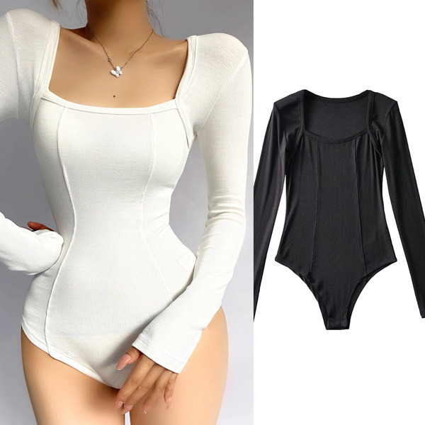 Modern női body négyzet alakú nyakkivágással és hosszú ujjakkal