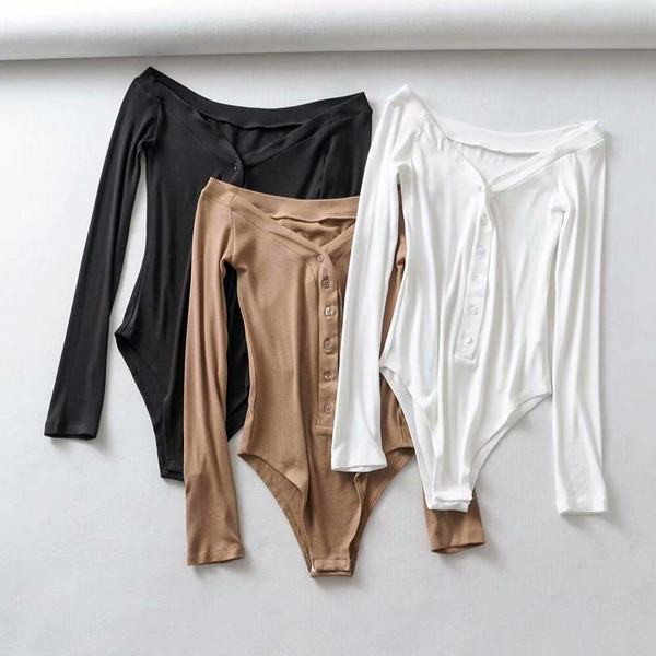 Naiste puuvillane nööpide ja pikkade varrukatega body