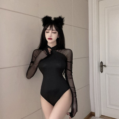 Must tüllvarrukatega naiste body