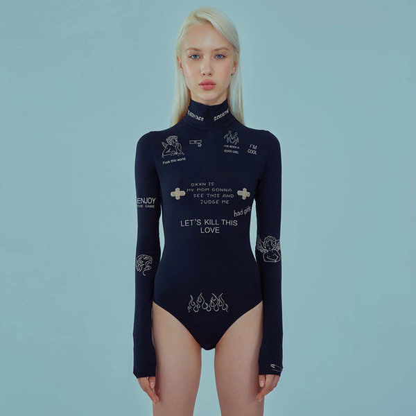 Női body rátéttel, magas gallérral