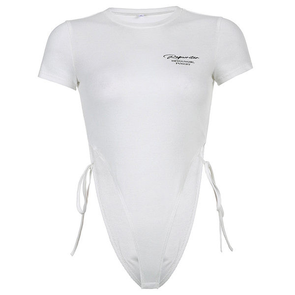 Női test rövid ujjú nyakkendővel és felirattal