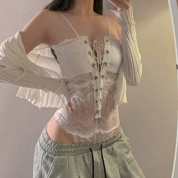 Γυναικείο κορμάκι δαντέλα με χιαστί δεσμούς