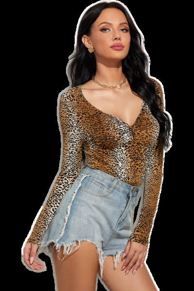 Γυναικείο κορμάκι με άνιμαλ πριντ  και λαιμόκοψη spitz