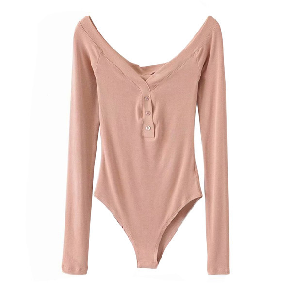 Μοντέρνο γυναικείο κορμάκι με κουμπιά και οβάλ λαιμόκοψη