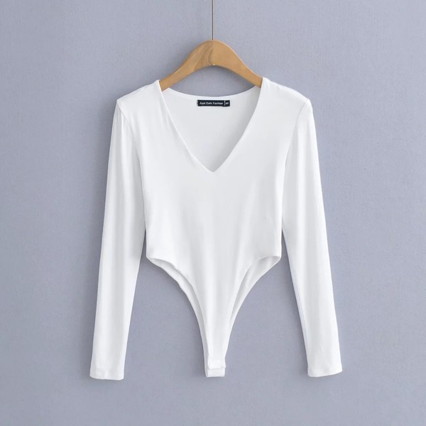 Γυναικείο κορμάκι με λαιμόκοψη spitz και μακριά μανίκια