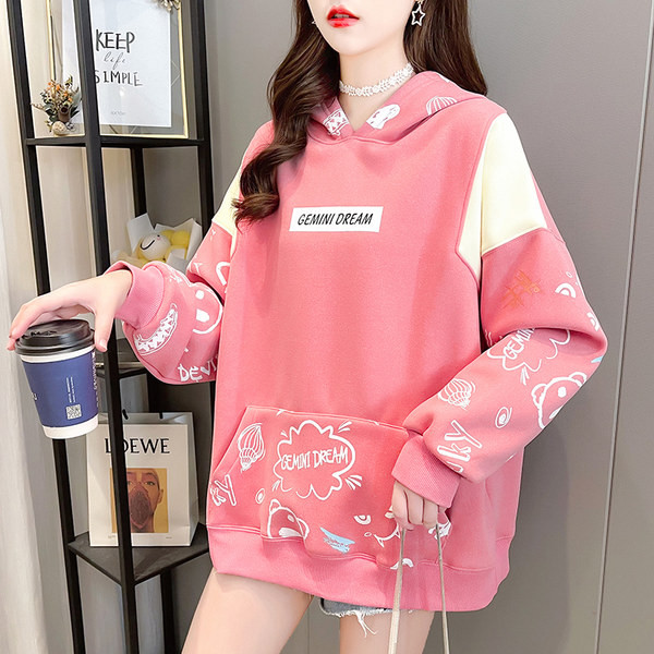 Φαρδύ μοντέλο γυναικείο φούτερ με τσέπη και κουκούλα